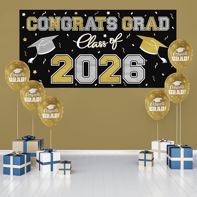 2026 Graduation Party Plastic Backdrop - 65" x 32.7" Congrats Grad Banner in Black, Large Class of 2026 Decorations, Photography & Grad Party Supplies