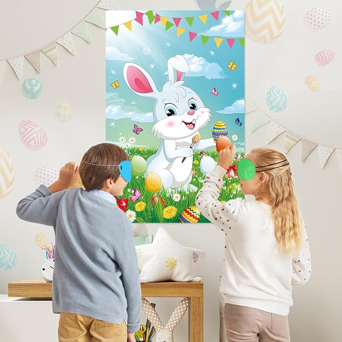 Pin The Tail on The Bunny Easter Games for Kids Easter Party Games Birthday Party Happy Easter Party Decoration Supplies Easter Egg Hunt Activities, Large Bunny Game Poster with 36 Tail Stickers