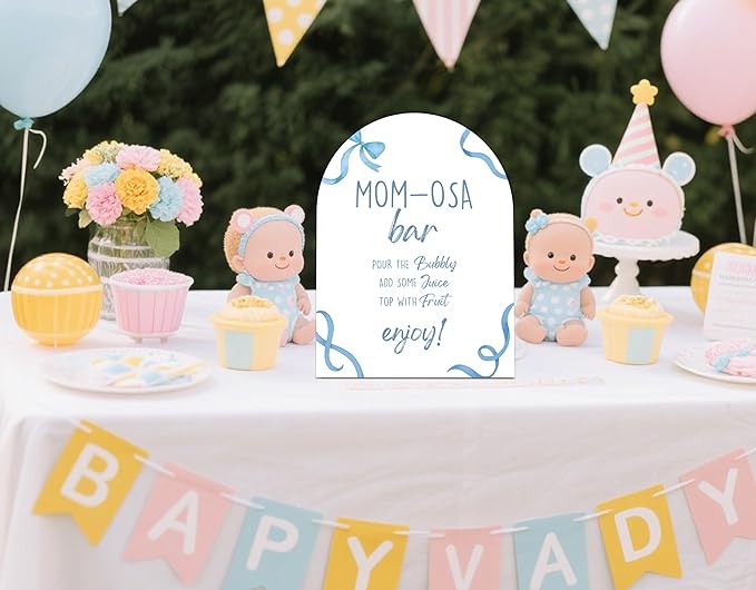 Blue Bow Mom-osa Bar Sign for Baby Shower, 6x8 Inch Arch Wooden Sign with Stand, Blue Baby Shower Table Sign, Gender Neutral Party Decoration - QW14