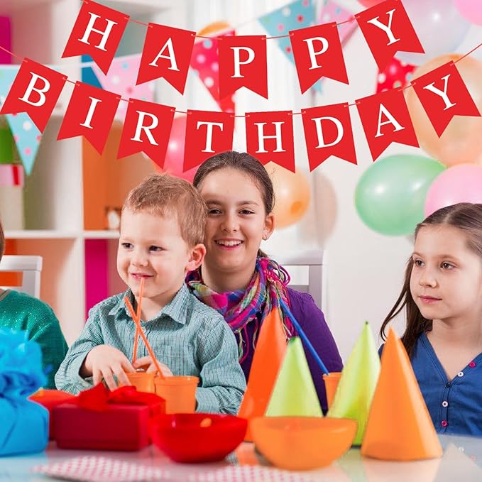 Hooqict Red Happy Birthday Banner Sign for Backdrop Red Birthday Party Decorations for Women Men Party Supplies Wall Door Banner Garland Bunting Flag