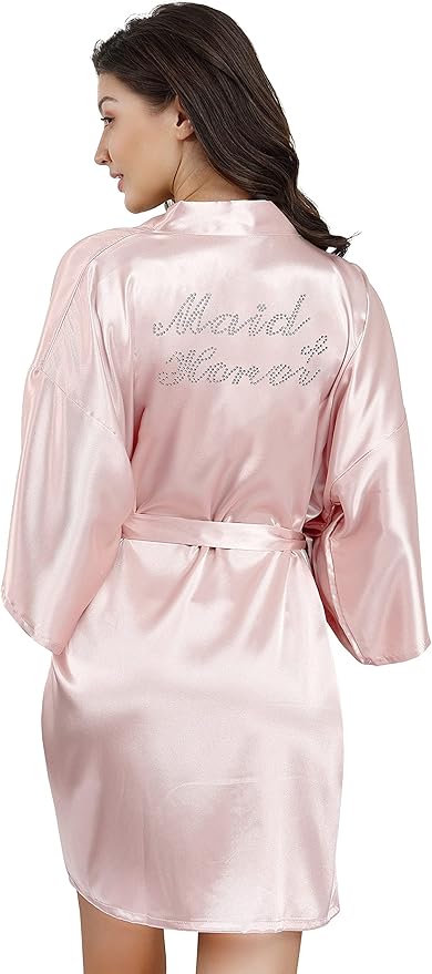 EPLAZA Women's One Size Silver Rhinestones Bride Bridesmaid Short Satin Robes for Wedding Party Getting Ready