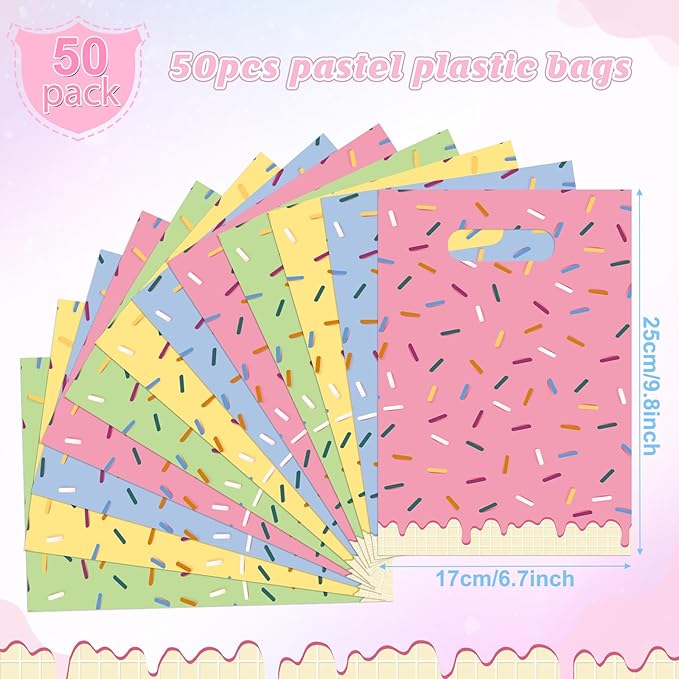 Hallswl 50pcs Ice Cream Party Favor Plastic Treat Bags,Ice Cream Candy Bag,4 Color Sprinkles Goodie Bag for Icecream Theme party decorations and Summer Birthday Party Supplies