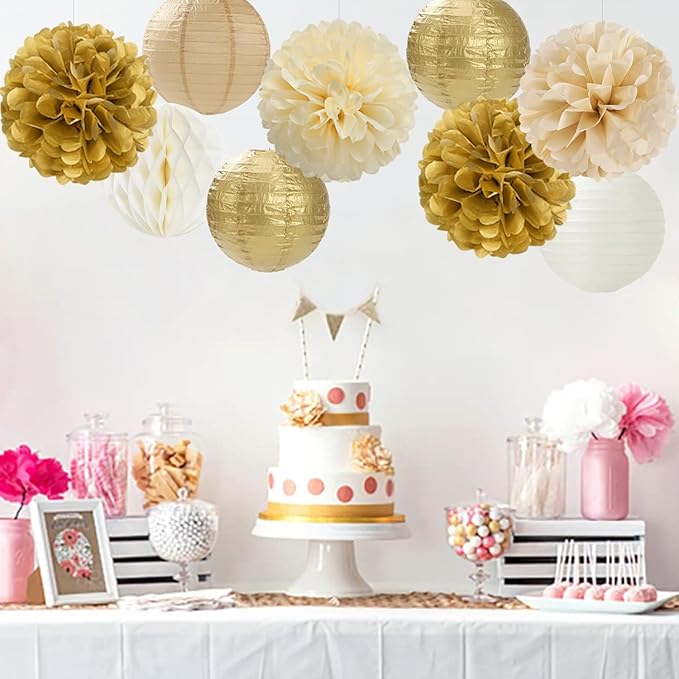 Gold White Champagne Beige Paper Flowers Tissue Pom Poms Honeycomb Lanterns 15pcs Party Decorations Engagement Birthday Wedding Baby Bridal Shower Hanging Supplies Mprocherify