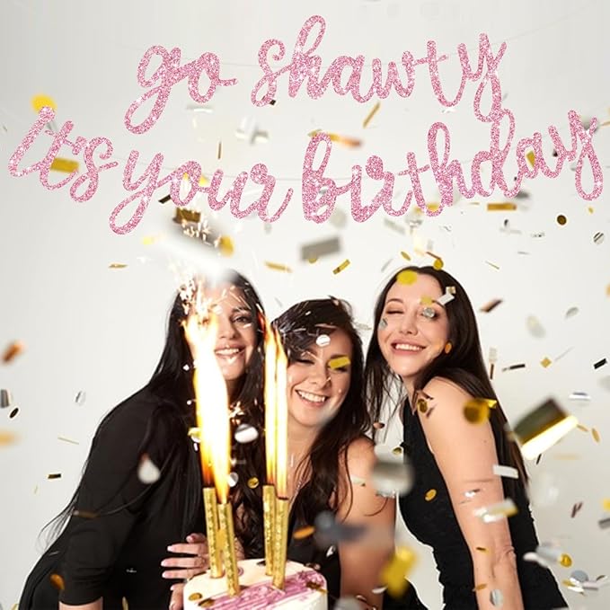 BEISHIDA Go Shawty It's Your Birthday Banner NO DIY Hip Hop Theme Happy Birthday Banner Pre-Strung Rap Theme Happy Birthday Sign for Man Women birthday Party Supply Glitter Pink