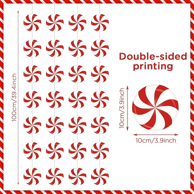 Faccito 8 Pcs Christmas Peppermint Candy Hanging Decorations Christmas Ceiling Decorations Paper Garland for Xmas Party Winter Holiday Birthday Decor(Red White Candy)