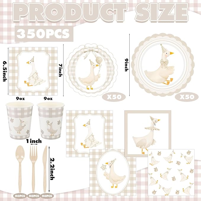Zhehao 350 Pcs One Silly Goose Birthday Party Tableware Set Beige Scalloped Baby Shower Plates Cup Napkins Forks for Birthday Party Decorations Supplies for 50 Guests