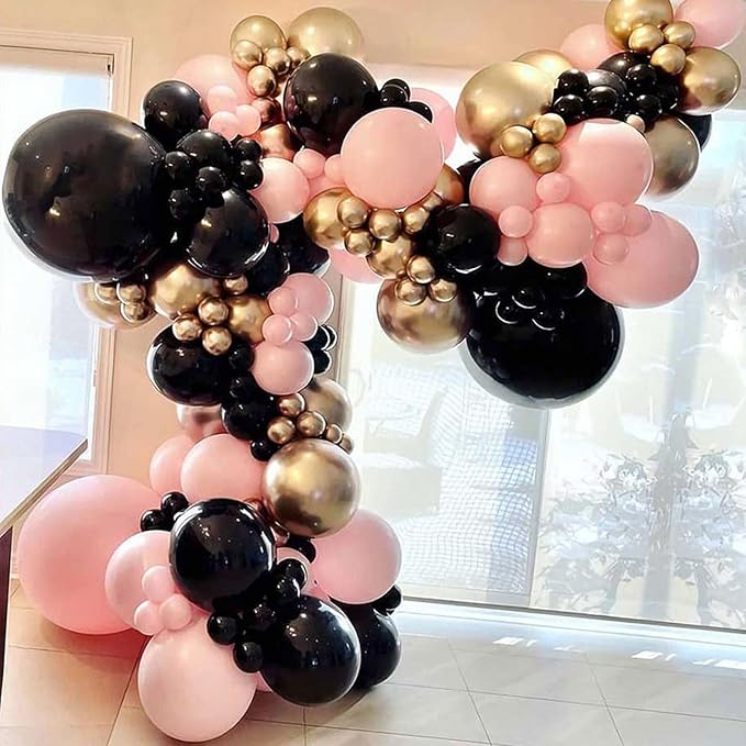 Black Pink and Gold Balloons Arch Kit 144pcs 18/12/10/5inch Black Pastel Pink Metallic Gold Balloon Garland for Women Girls Birthday Wedding Bridal Shower Bachelorette Graduation Baby Shower Decor