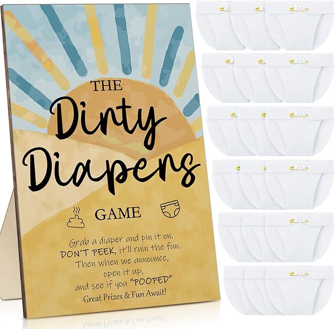 Roowest 51 Pcs Dirty Diaper Baby Shower Games Funny Wooden Sign with 50 Pcs Mini Diapers Cute Felt for Gender Reveal Party Baby Shower (Sun)