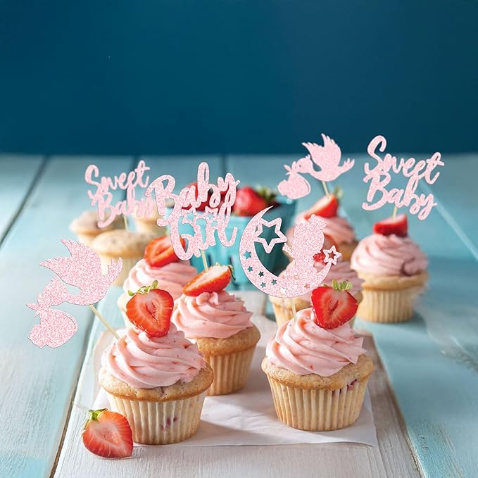 24Pcs Sweet Baby Girl Cupcake Toppers Moon Star Light Pink Glitter Baby Shower Cupcake Picks Decorations for Gender Reveal Baby Shower Kids Girls Birthday Party Supplies