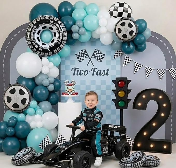 Race Car Balloon Arch Garland Kit 152Pcs Dusty/Peacock/Teal Blue and White Balloons with Wheel Checkered Foil Balloons and Checkered Flag Banner for Two Fast Birthday Party Decorations