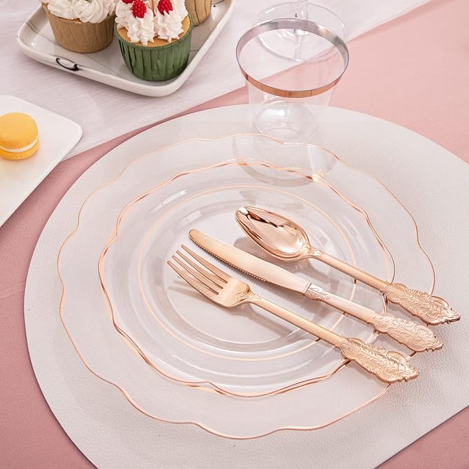 NOCCUR 350PCS Rose Gold Plastic Plates - Clear Rose Gold Disposable Dinnerware Set - Include 100 Dinner/Dessert Plates,50 Cups,50 Pre Rolled Napkins with Cutlery Set - Ideal for Party/Easter Day