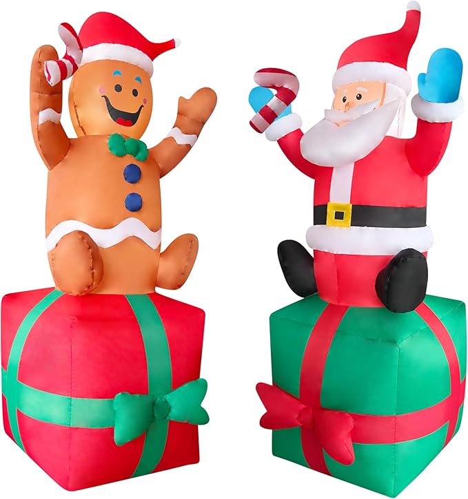 2 Packs 6FT Inflatable Christmas Santa Claus on Gift Box and Gingerbread Man Blow Up Decor for Christmas Outdoor/Doorway/Lawn Decor/Yard Party Decoration