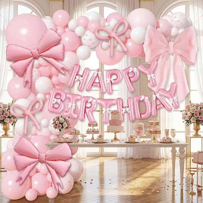 102 PCS Pink Birthday Balloon Decorations Kit, Happy Birthday Banner with Foil Letters, Bow Balloons, Latex Balloons, Ribbon & Glue Dots for Girls Birthday Party Decorations, Baby Shower, Anniversary