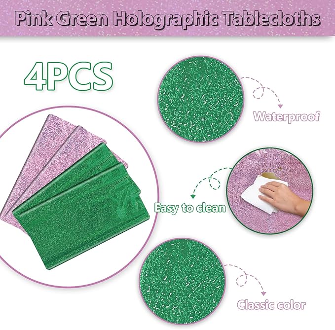 4Pcs Pink Green Holographic Tablecloths Rectangular Iridescent Tablecloth Shimmer Metallic Table Covers for Witch Green and Pink Birthday Decorations, 54 x 108inch