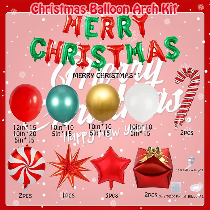 AobkDeco 143 Pcs Christmas Balloon Garland Arch Kit-Merry Christmas Banner and Red White Gold Metallic Green Cane Balloons Candy Foil Balloons Gift Box Balloons for Xmas Party Decorations