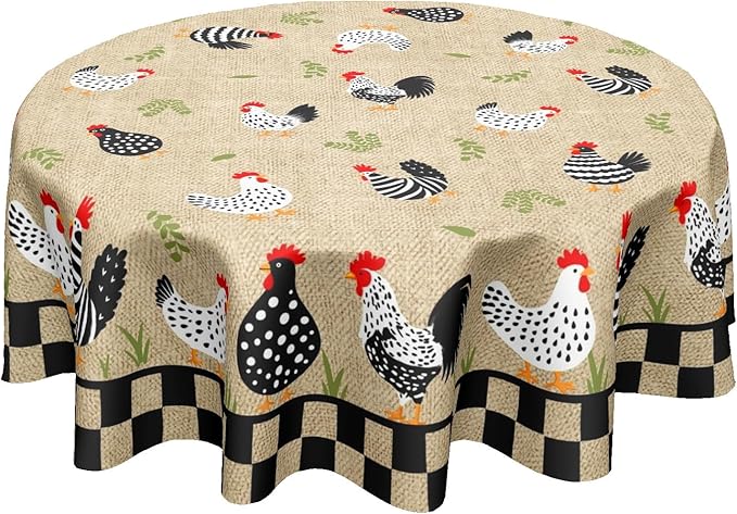Rooster Round Tablecloth 60 Inch Chicken Farmhouse Circle Table Cloth Rustic Vintage Table Cover Washable Polyester Decorations for Holiday Home Kitchen Dinning Party