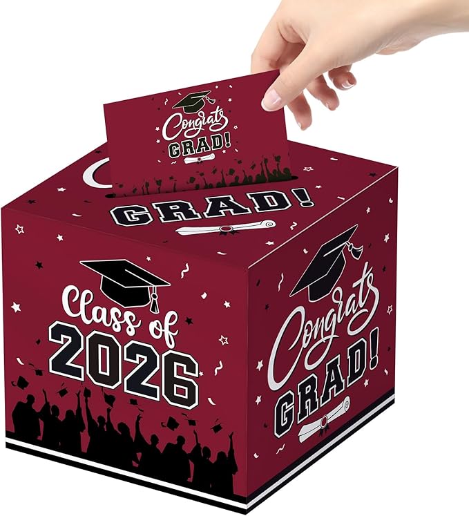 Graduation Card Box 2026 - Congrats Grad Card Boxes Holder, Maroon and Black Class of 2026 Graduation Gift Cards Box for Graduation Party Decorations 2026 Favors Decor Supplies Props,9x 9 x 9 inches