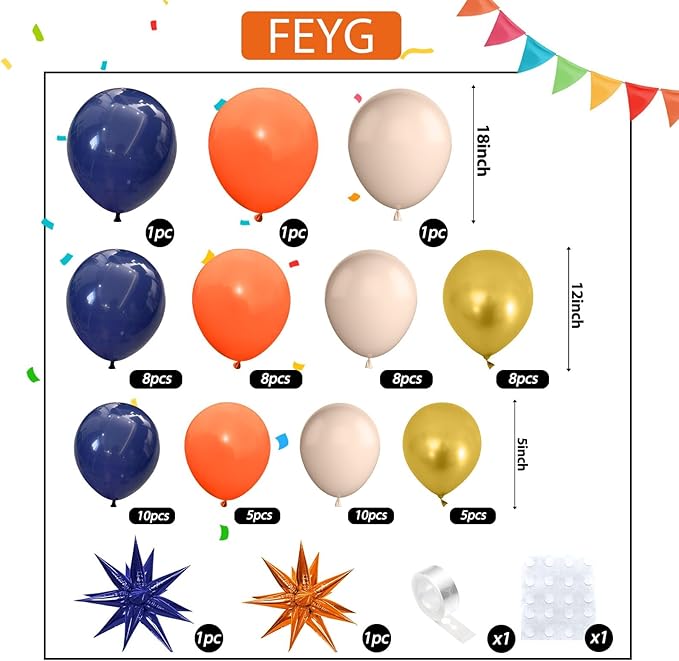Orange and Blue Balloon Arch Garland Kit, Navy Royal Blue Gold Orange Balloons Garland Kit with 4D Star Chrome Latex Balloons for Birthday Baby Shower Graduation Thanksgiving Party Decorations