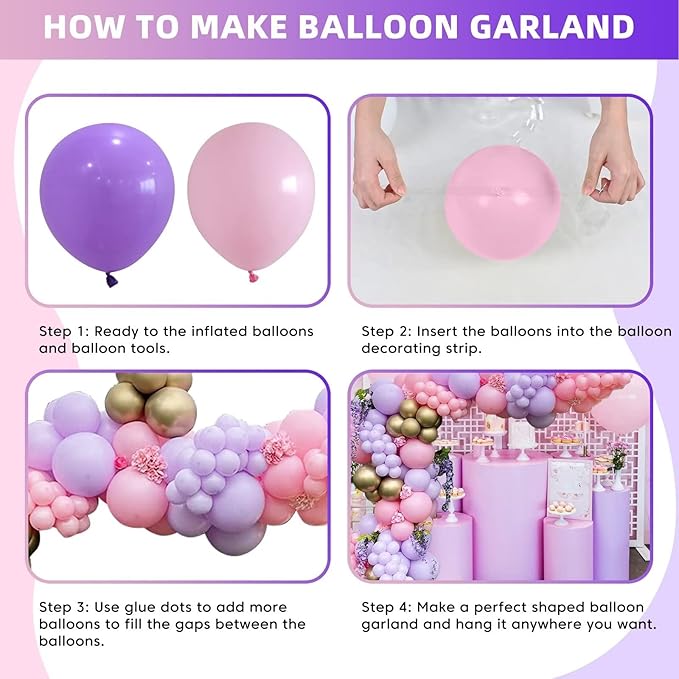 Pastel Pink Purple Balloon Garland Kit, Macaron Pink and Purple Balloon Arch Kit, Latex Balloons Different Sizes 18/12/10/5 inch for Wedding Bridal Shower Baby Shower Party Decorations