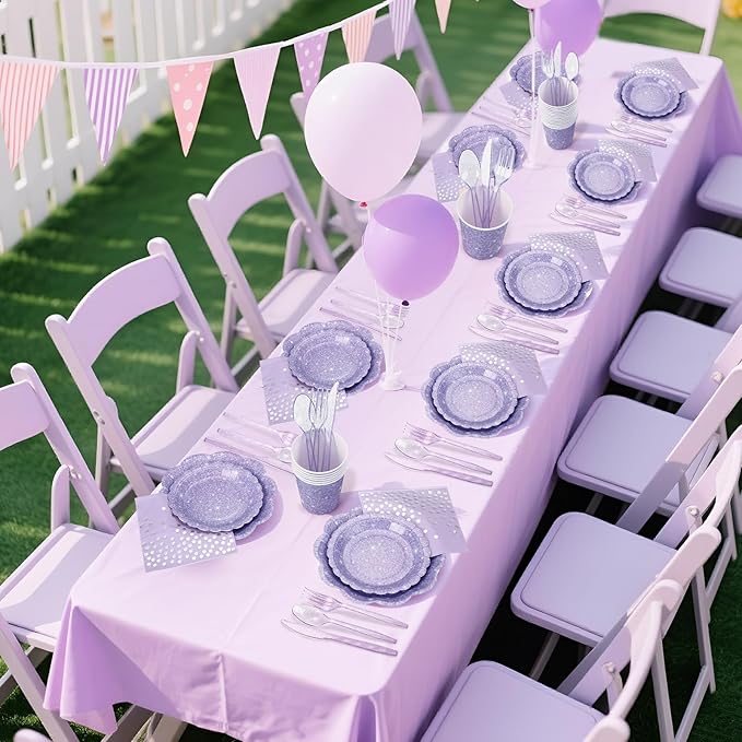 Hushee 175 Pcs Light Purple Holographic Print Party 25 Guests Disposable Dinnerware Set Include Paper Plates, Napkins, Paper Cups, Plastic Tableware for Birthday Party