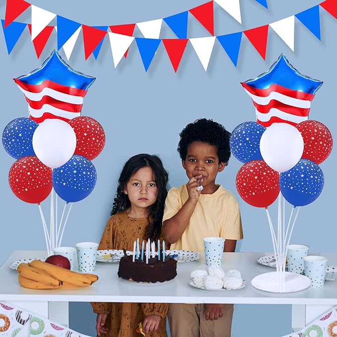 4th of July Balloons Stand Kit 2 Sets with 2 America Flag Star Foil Balloon Patriotic Red White and Blue Party Balloon Centerpiece for Tables for Memorial Day Party Independence Day Themed Decorations