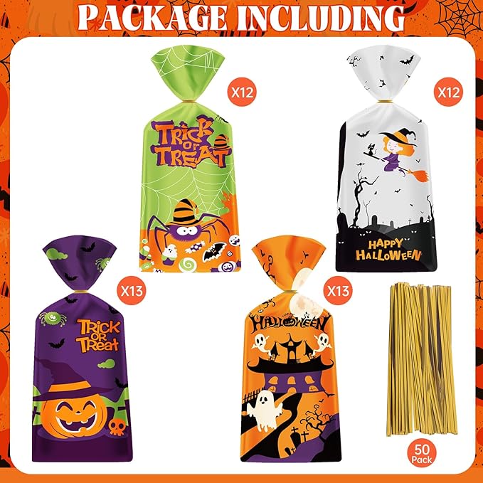 50 Pack Halloween Treat Bags - Plastic Halloween Goodie Bags, Happy Halloweens Candy Bag, Trick or Treat Snack Gift Cellophane Bags with Twist Ties for Kids Hallowen Party Birthday Supplies Favors
