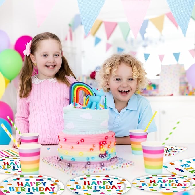 40PCS Happy Birthday Party Plates and Napkins, Happy Birthday Desserts Plates Disposable Rainbow Dots Tableware Supplies for Adults and Kids Party Decorations