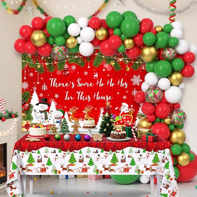 129Pcs There's Some Ho Ho Hos In This House Party Decorations Merry Christmas Balloon Arch Kit Includes Funny Xmas Banner, Xmas Themed Balloons and Tablecloths for Merry Friendsmas Party