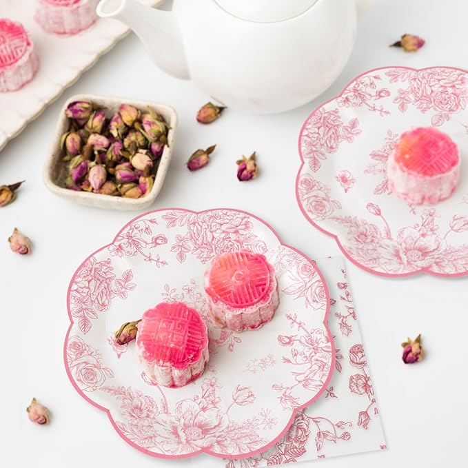 96pcs Pink Party Plates - Pink Flower Paper Plates, Cups and Napkins Spring Graden Dessert Plates for 24 Guests Party Table Supplies for Tea Party Baby Shower Brial Shower Birthday Wedding
