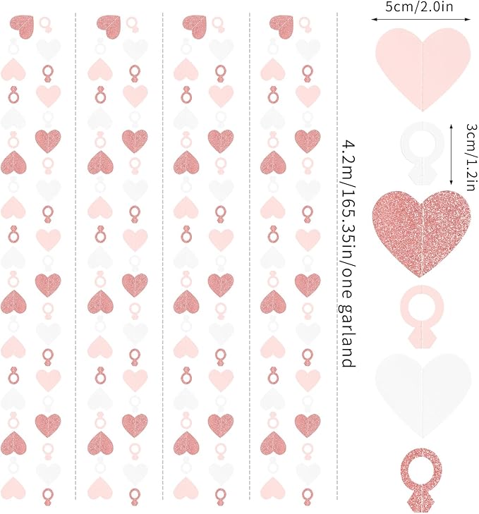 Rose-Gold Pink White Heart-Ring Garland - 52Ft Engagement Bachelorette Party Decorations Wedding Paper Streamers Banner,Valentines Day Galentines Proposal Decor Lasting Surprise