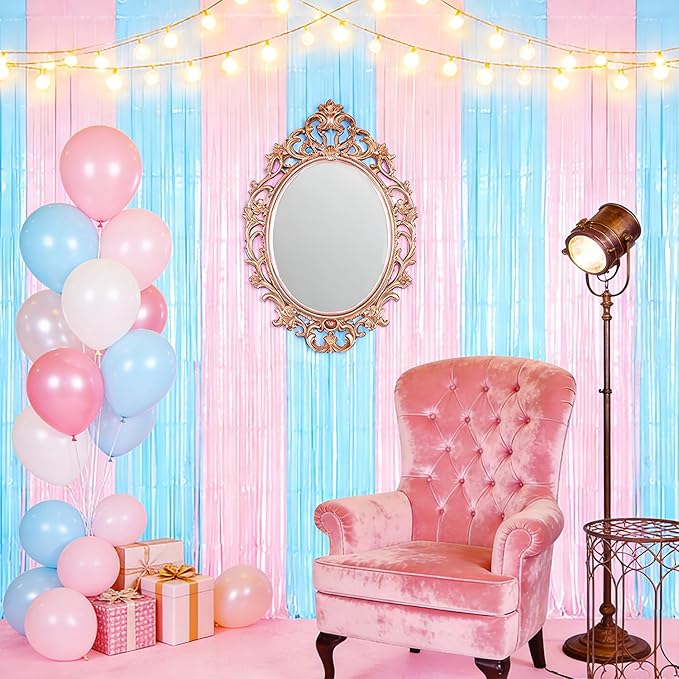 TONIFUL Light Pink Light Blue Door Streamers,Black and Pink Photo Booth Backdrop Metallic Streamers Foil Fringe Curtain for Birthday,New Year,Graduation,Grad,Baby Shower Party Streamers Decoration
