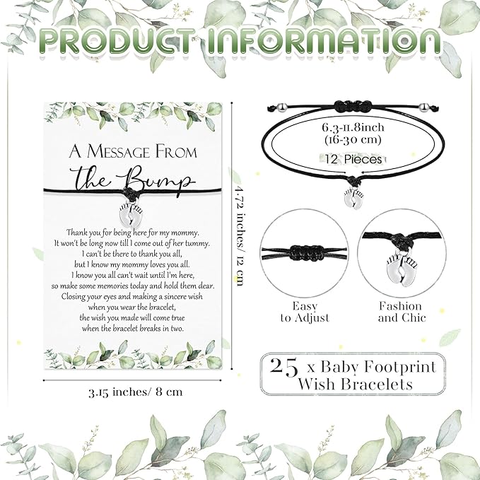 Thyle 25 Set Leaf Baby Shower Favors for Guests Adjustable Bracelets with Message from the Bump Card Footprints Charm Baby Shower Bracelets for Gender Reveal Thank You Gifts