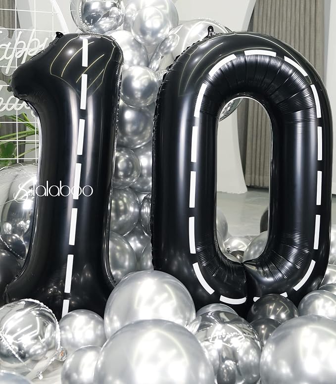 Race Car 40Inch Black 10 Balloon Number Large Helium Race Track 0-9 Giant Digital 10th Foil Mylar Big Party Number Balloons for Boy Birthday Car Theme Party Anniversary Graduation Decorations