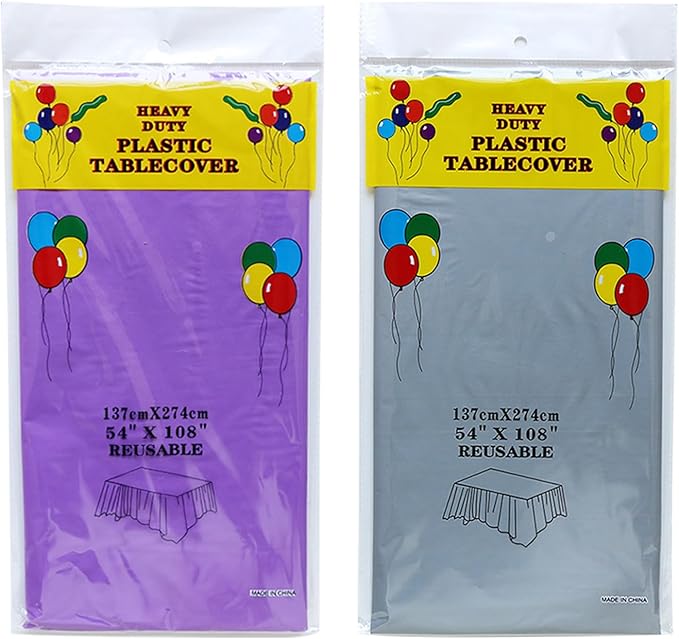 Plastic Tablecloths,Disposable Table Covers,Baby Shower Party Tablecovers,Table Cloths for Birthday Wedding Parties 8 ft Rectangle Use,54 x 108 Inches,2 Pack,Purple,Silver Grey.