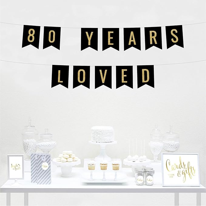 Andaz Press Faux Gold Glitter on Black Birthday Party Banner Decorations, 80 Years Loved, Approx 5-Feet, 1-Set, 80th Birthday Milestone Colored Hanging Pennant Decor