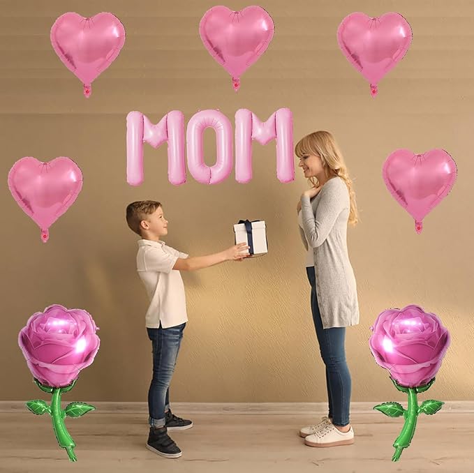 Pink Mom Balloons Pink Heart Rose Mother's Day Balloons Party Balloons for Mother's Day Decoration Party Decorations Theme Supplies Balloon Sets-10 PCS