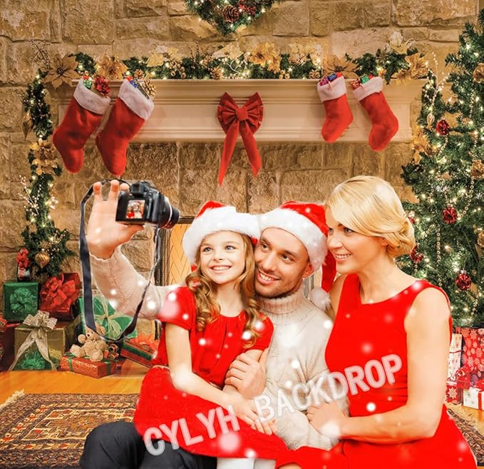 CYLYH 12x10ft Christmas Backdrops Christmas Fireplace Theme Backdrop Tree Sock Decorations for Xmas Party Supplies Photo Background Pictures Banner