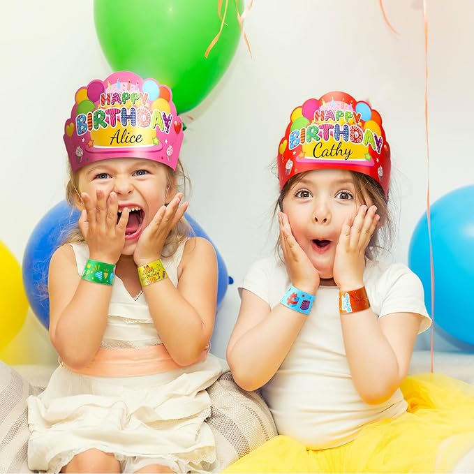 Yunsailing 108 Pcs Happy Birthday Party Supplies for Kids Include 36 Birthday Paper Crowns 36 Badge Stickers and Slap Bracelets for Classroom School Party Supply(Bright Color)