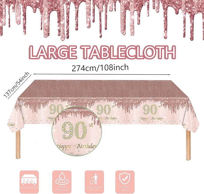 121Pcs 90th Birthday Party Supplies Plates Napkins Cups Forks Tablecloth Rose Gold Happy 90th Birthday Themed Disposable Tableware Decorations Serves 24 Guests for Women 90 Years