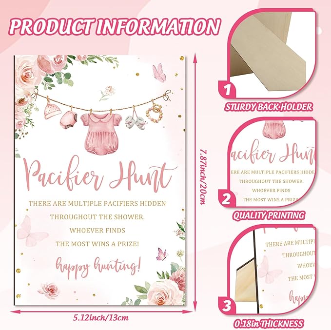 Whaline 51 Pcs Pacifier Hunt Baby Shower Game Include Pink Watercolor Flower Clothes Wooden Sign 50 Pink Plastic Pacifier for Gender Reveal Party Favor Gift Supplies