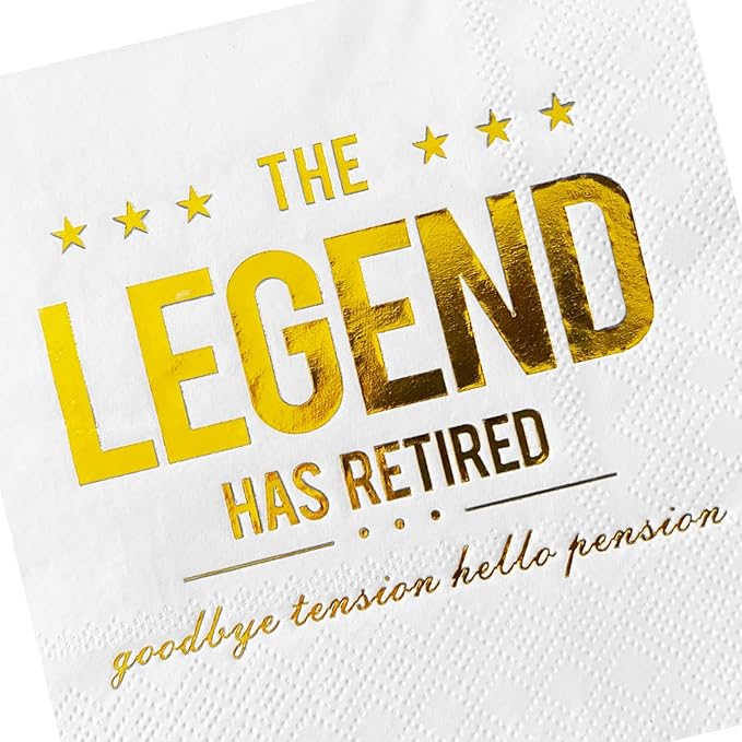 The Legend Has Retired Cocktail Napkins, 50 Pack 3-Ply Retirement Party Decorations Supplies, Gold Foil Disposable Napkins for Farewell,Coworker Goodbye & Going Away Celebration (5"x5")