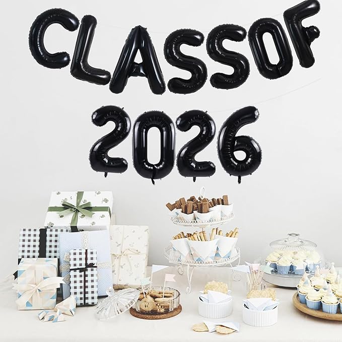 TONIFUL Black Class of 2026 Graduation Balloon Banners Foil Balloons Decorations 2026 Congrats Grad Balloons for Class of 2026 Congratulation Graduations Party Supplies
