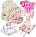 Shellwei 410 Pcs Pink Rose Tea Party Decorations Elegant Floral Paper Plates and Napkins Set Disposable Party Tableware Sets with Cups Knives Forks Spoons Seat Card Favors for 50 Guests