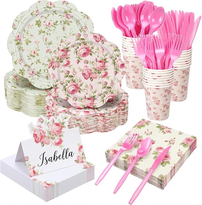 Shellwei 410 Pcs Pink Rose Tea Party Decorations Elegant Floral Paper Plates and Napkins Set Disposable Party Tableware Sets with Cups Knives Forks Spoons Seat Card Favors for 50 Guests