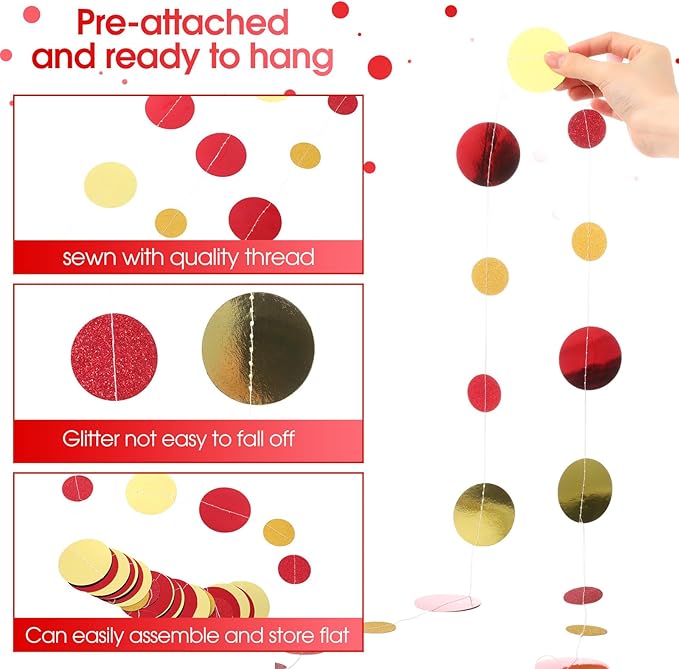 Syhood 10 Pcs Party Decorations Paper Dot Circle Garlands Glitter Streamers Hanging Banner Decor for New Year Baby Shower Wedding Birthday Backdrop Supplies (Red and Gold)
