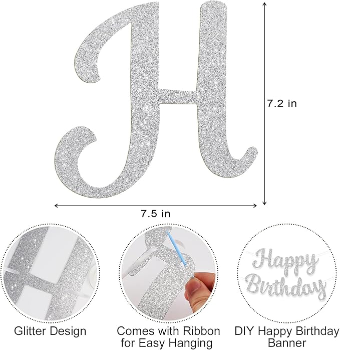 Glitter Happy Birthday Banner Sign Birthday Garland Wall Door Banners Flag for Women Men Boys Girls Party Backdrop Decorations Silver