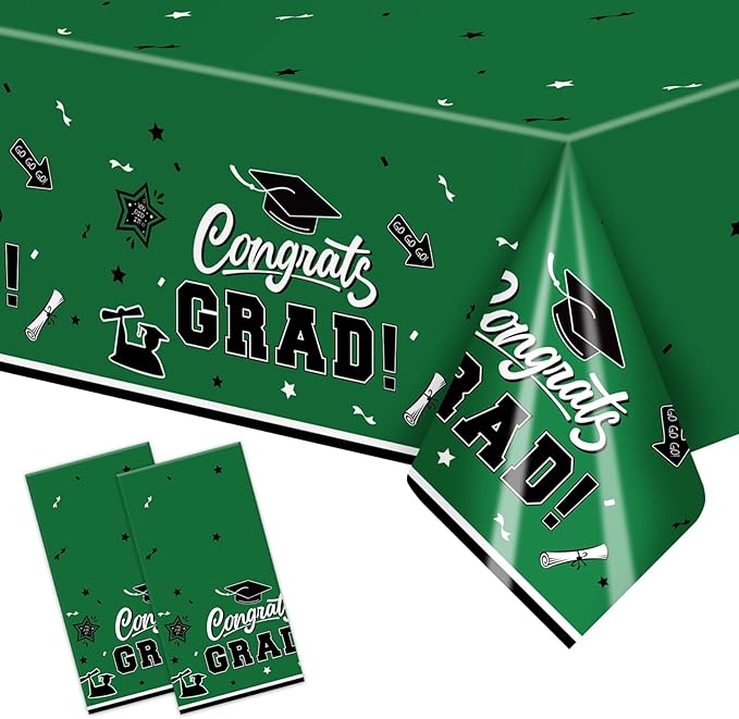2-Piece 54 x 108 Inch Graduation Plastic Tablecloth – Graduation Disposable Rectangle Table Covers with “Congrats Grad” Design for Class of 2026 Party, School and Home Decorations