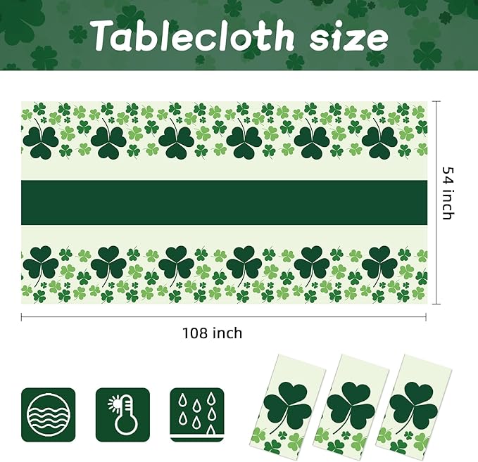 Childom 3 Pack St Patricks Day Decorations,St Patricks Day Table Cloths for Rectangle Tables,54" x 108" Disposable Plastic Tablecloths for St. Patrick's Day,Home,Kitchen,Picnic,Parties,Spring Decors
