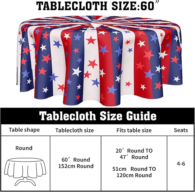 4th of July Tablecloth 60 Inch Round Memorial Day Patriotic Tablecloth Washable Polyester Fabric American Flag Table Cloth Independence Day Table Cover For Dining Room Picnic Kitchen Outdoor Decor