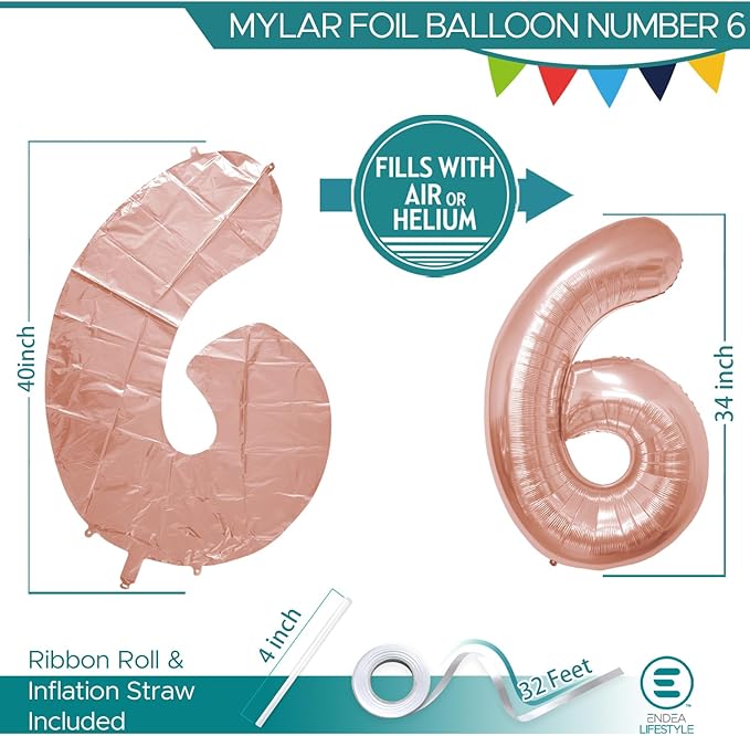 40 Inch Large Rose Gold Number Celebration and Decoration Balloon for Birthday Parties, Graduations, Anniversaries, Weddings, Photo Shoots, Special Events (Rose Gold Number 6)
